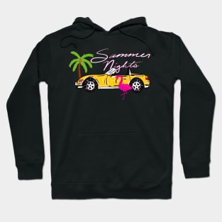 80s Miami Y2K Aesthetic Pink Flamingo Exotic Car Pattern On Dark Blue Background Hoodie